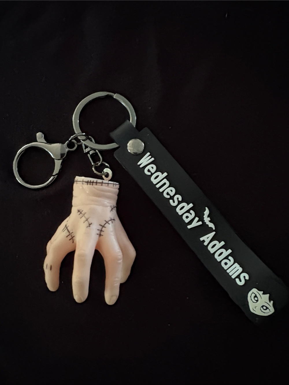 Wednesday Addams Thing Keychain Bag Charm With Black Strap